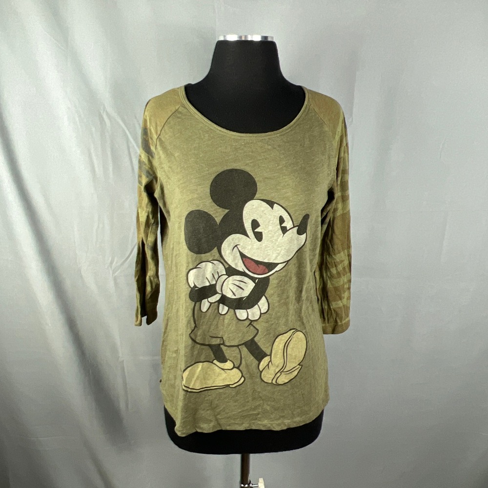 Disney T Shirt Womens XL Olive Green Mickey Mouse Graphic Cotton Raglan Sleeve